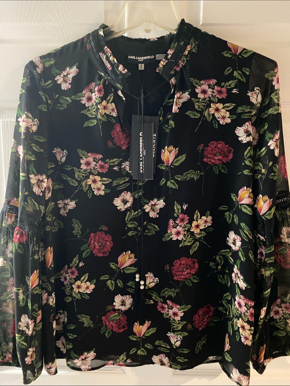 Karl Lagerfeld Black Floral Long-Sleeve Ruffle Neck Blouse